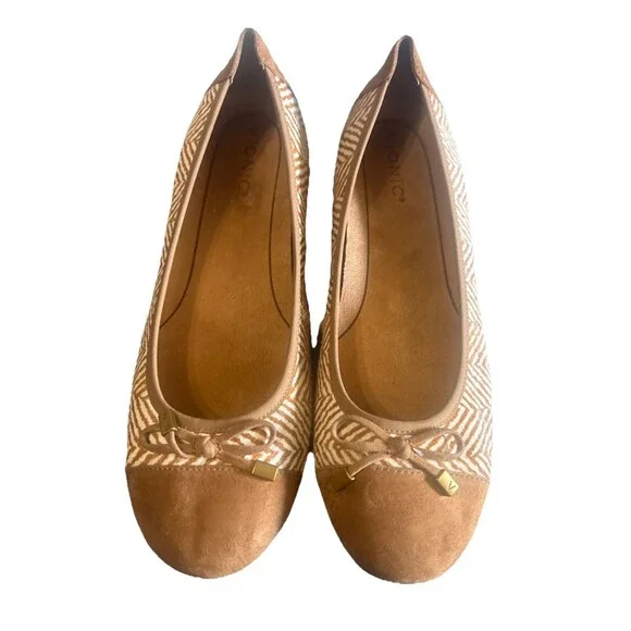 Vionic Minna Womens 11 Tan Ballet Flat Herringbone Calf Hair Bow Suede Cap Toe - Picture 5 of 16